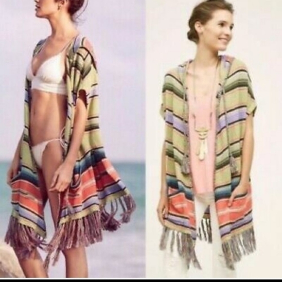 Anthropologie Moth Calexico Multicolor Stripe Knit Hooded Fringe Poncho Small - Picture 13 of 13